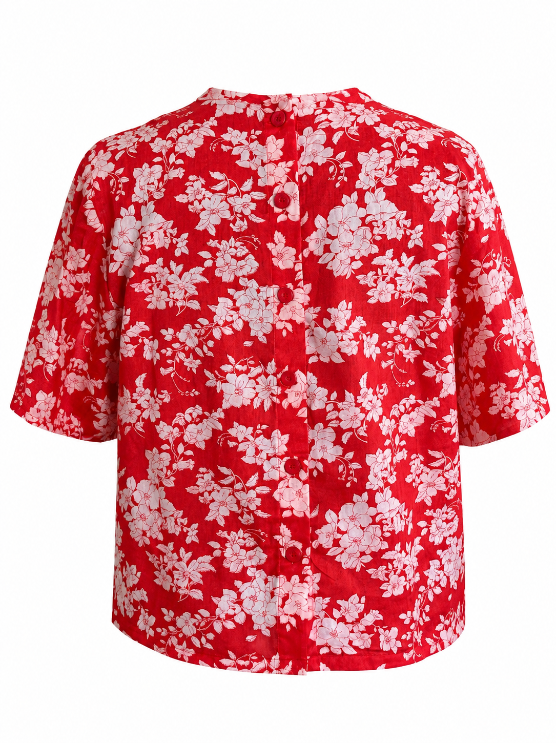 Red Vintage Blouse — back view, red floral cotton blouse with button back neckline detail and fluted short sleeves"