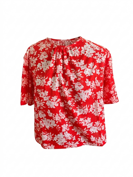 Red Vintage Blouse — front view, lightweight red cotton short sleeve blouse with all-over white floral print, gathered round neckline and relaxed boxy fit"